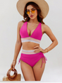 Women's high-waisted bikini set with striped trim and side ties