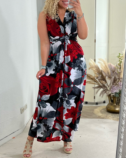 Women's sleeveless floral pleated maxi dress with V-neck and gathered front