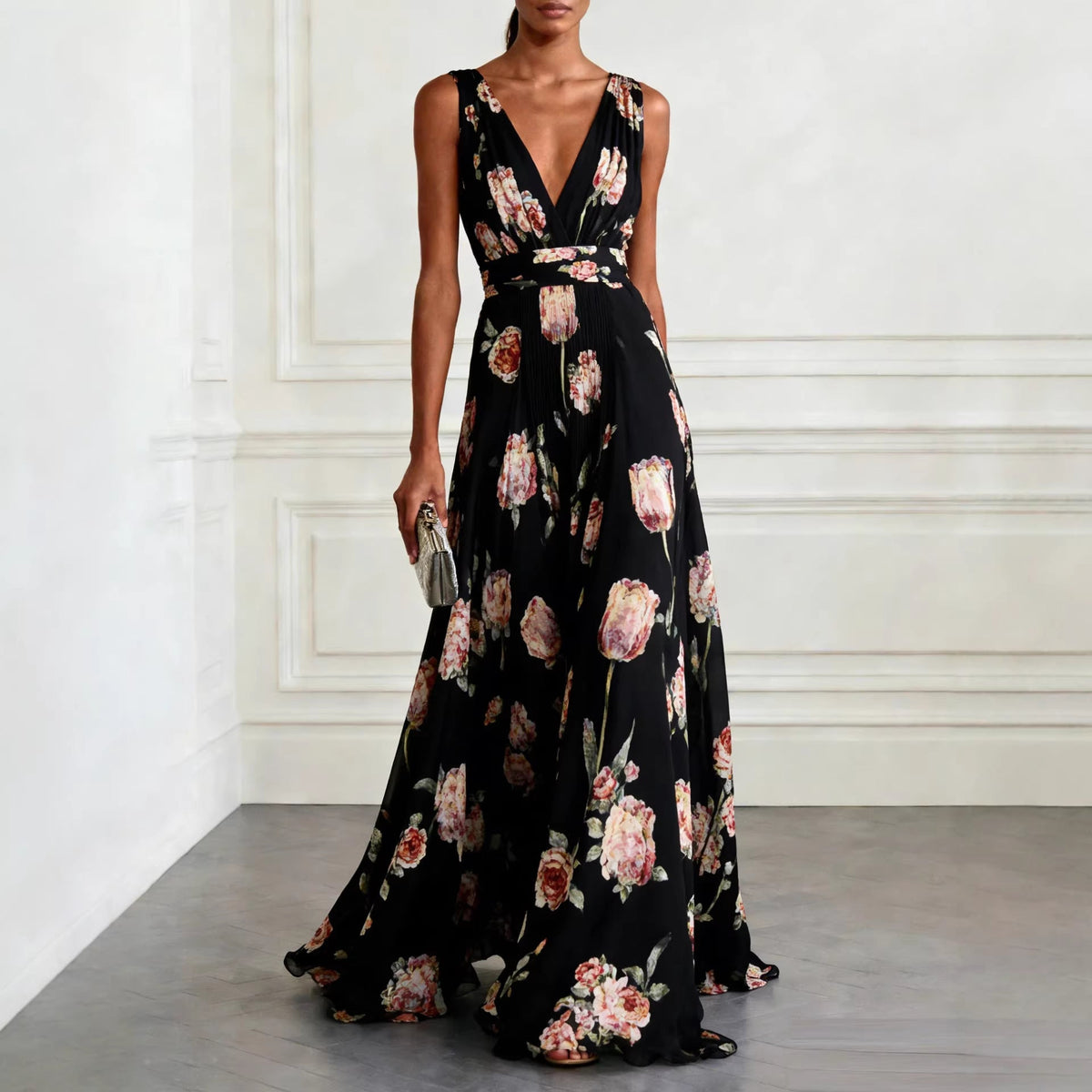 Women's sleeveless floral wrap maxi dress with a V-neckline and flowing full-length skirt