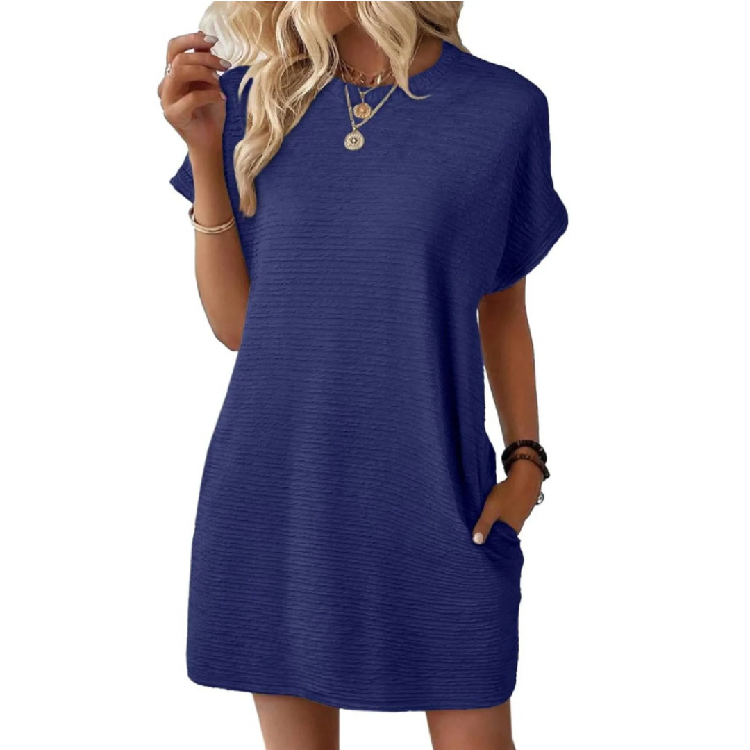 Women's textured crew-neck mini dress with short sleeves and side pockets