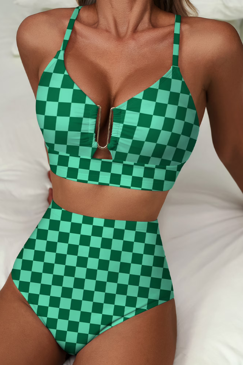 Women's patterned two-piece bikini with V-neck top, metallic centre trim and high-waisted bottoms