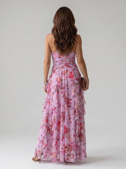 Women's floral halter maxi dress with ruched bodice and layered ruffled skirt