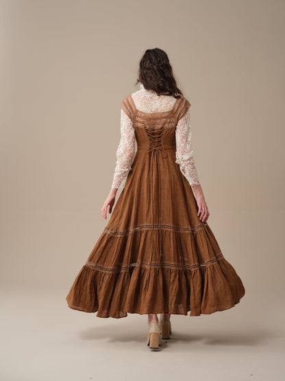 Women's lace-trimmed flared maxi dress with a tiered skirt