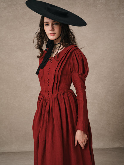Women's tailored button-front corset maxi dress with long puff sleeves and a full gathered skirt