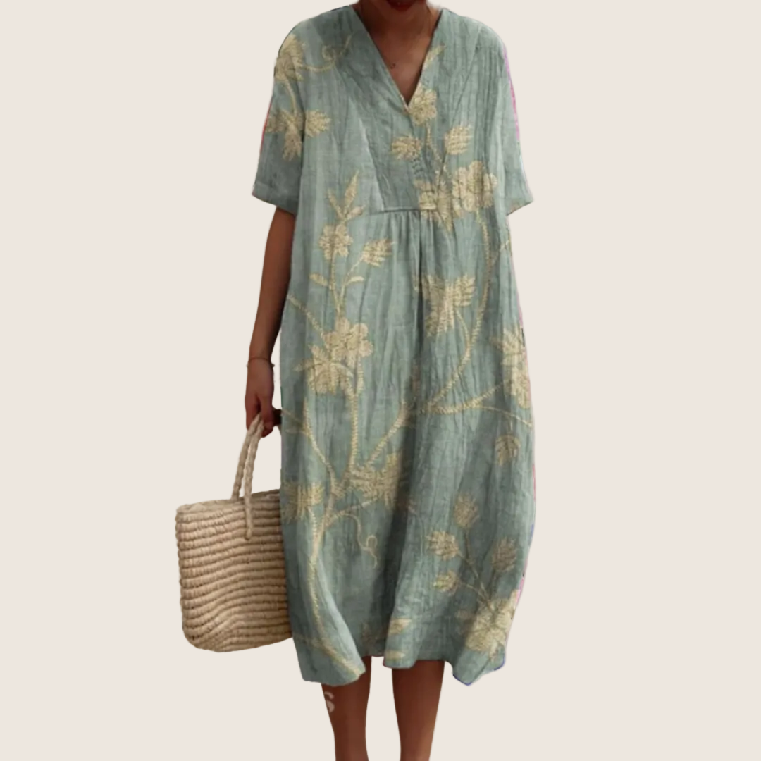 Women's floral V-neck midi dress with short sleeves and button front
