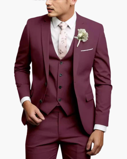 Men's slim fit three-piece suit with notched lapel jacket, button waistcoat and matching trousers