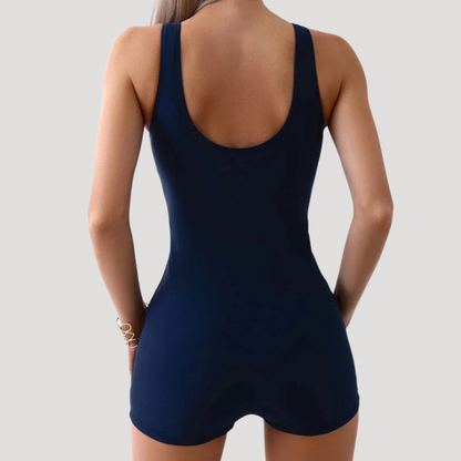 Women's modest one piece swimsuit with scoop neck and geometric side panels