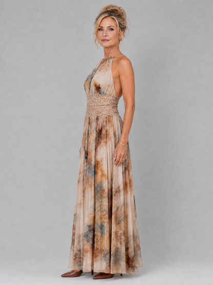 Vestido largo de flores de mujer con cuello halter y cintura de encaje, sin mangas