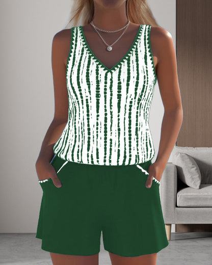 Women's striped V-neck two-piece swimsuit with sleeveless top and shorts