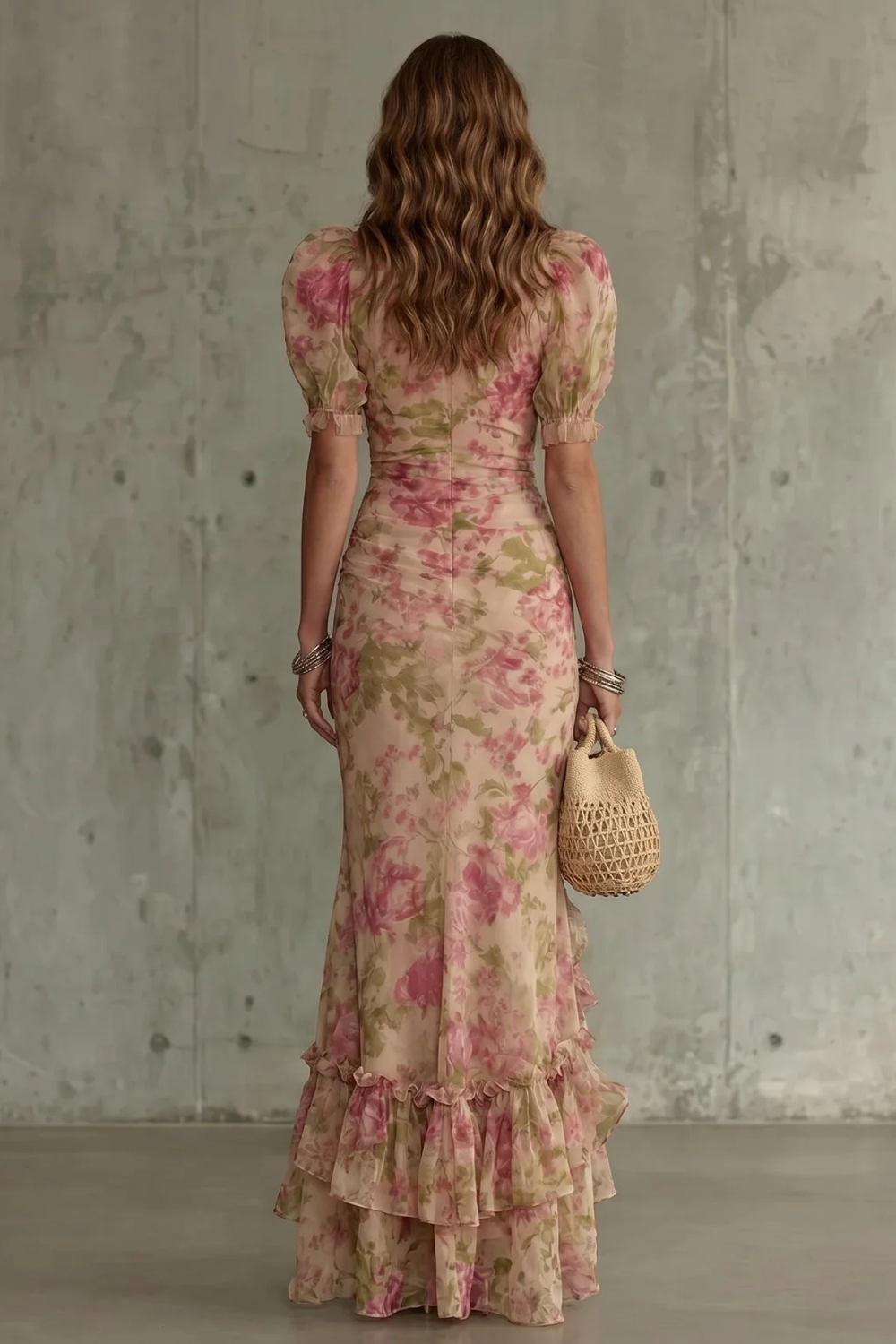Women's floral maxi dress with short puff sleeves and layered ruffled hem