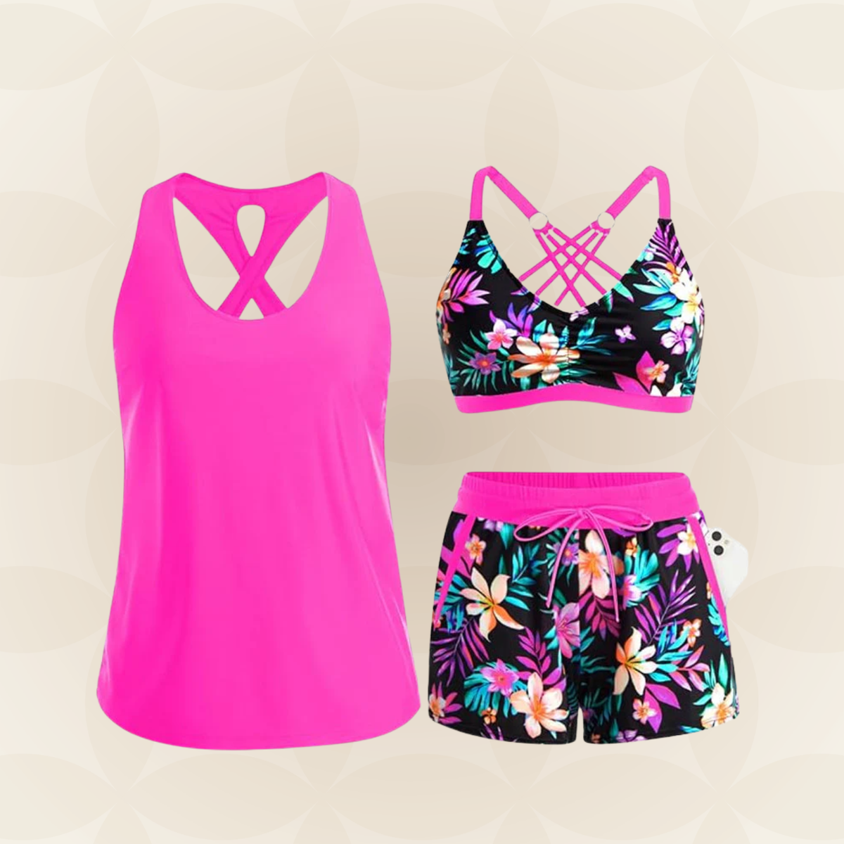 Women's palm print swimwear set with crossed back tops and drawstring shorts