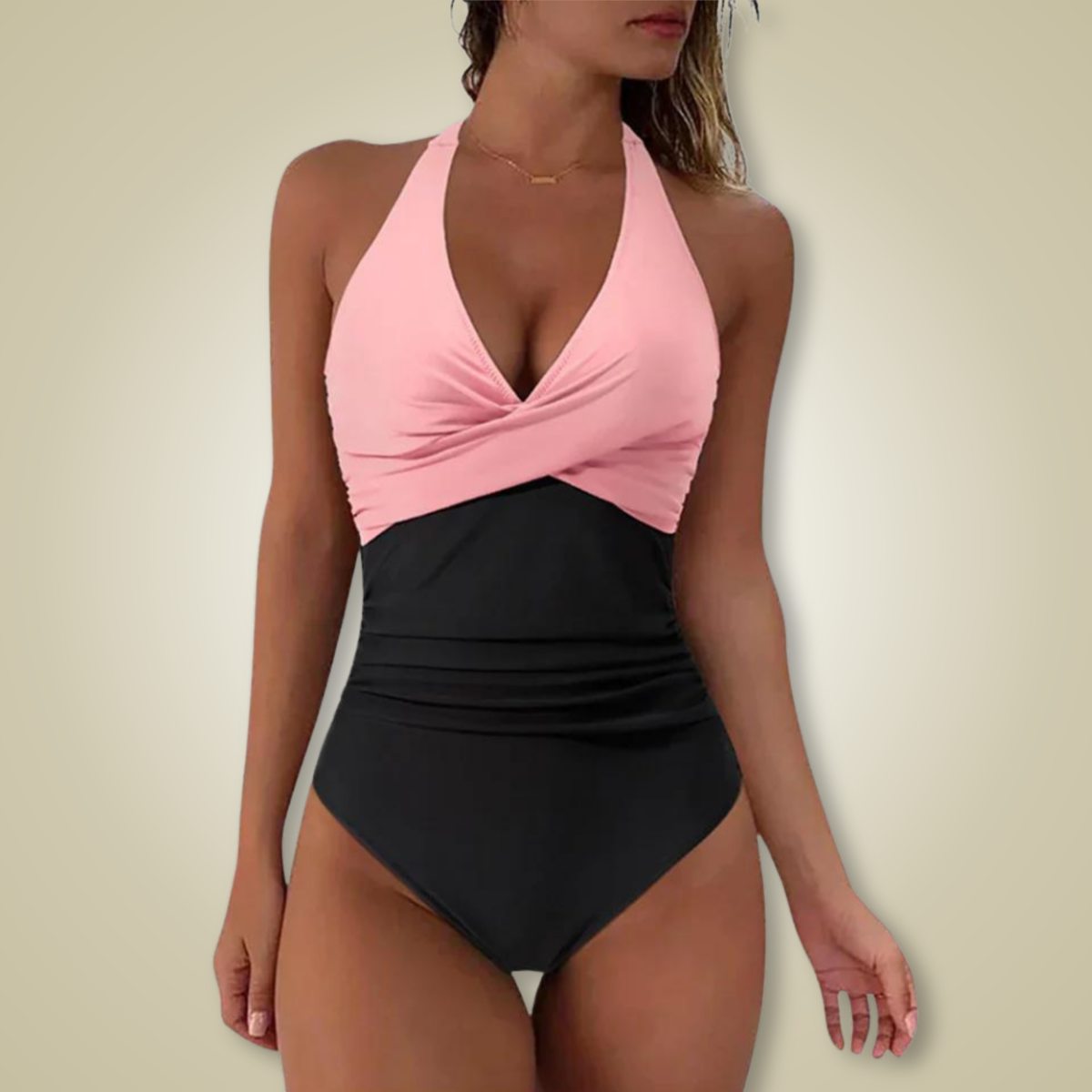 Women's floral V-neck one-piece swimsuit with halter straps and ruched waist