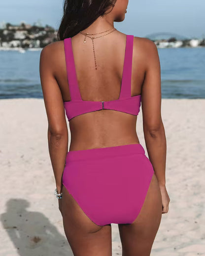 Women's V-neck bikini set with wide straps and high-waisted bottoms