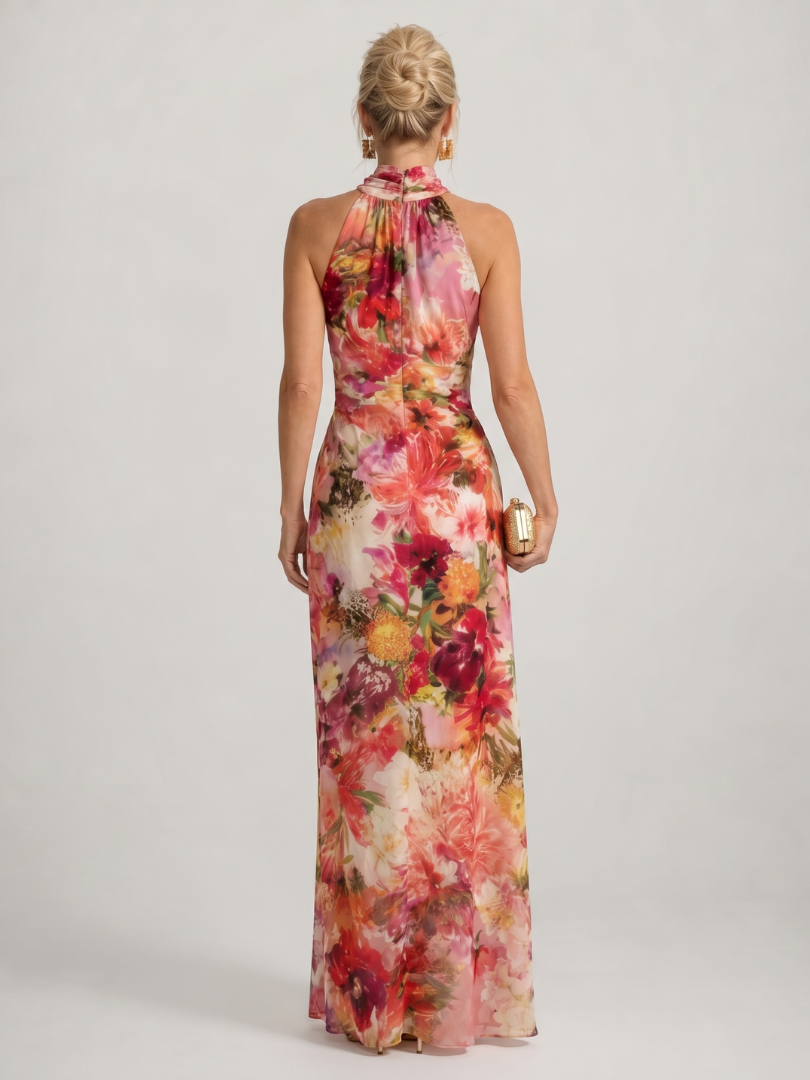 Women's multicoloured floral halter maxi dress with draped skirt