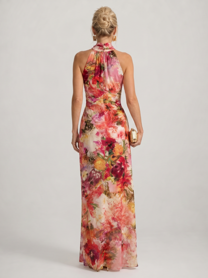 Women's multicoloured floral halter maxi dress with draped skirt
