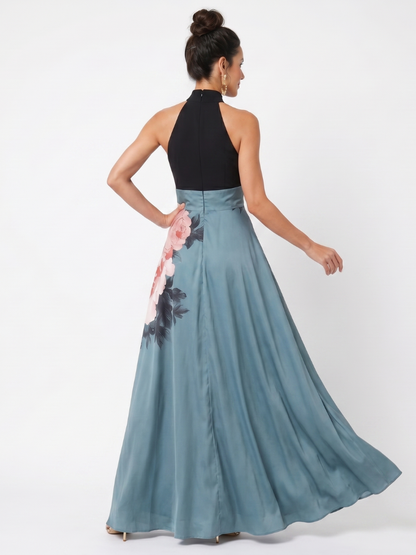 Women's floral halter maxi dress with sleeveless bodice and flowing split skirt