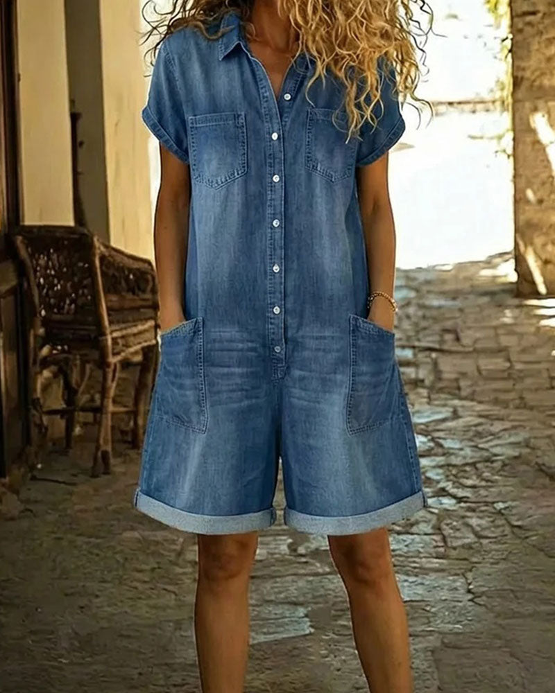Women's short sleeve button front playsuit with shirt collar, patch pockets and cuffed shorts