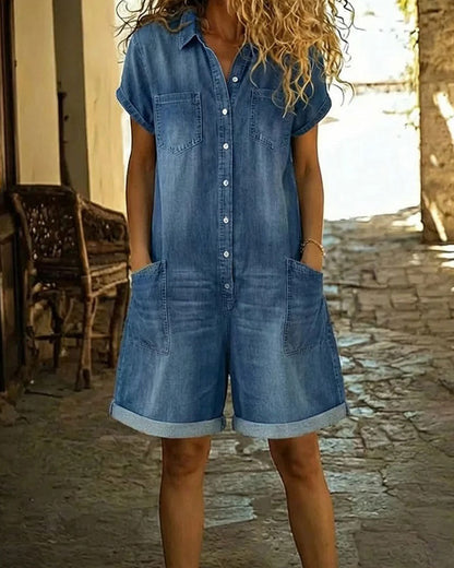 Women's short sleeve button front playsuit with shirt collar, patch pockets and cuffed shorts