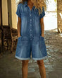 Women's short sleeve button front playsuit with shirt collar, patch pockets and cuffed shorts