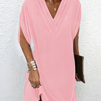 Women's plain V-neck mini dress with split short sleeves