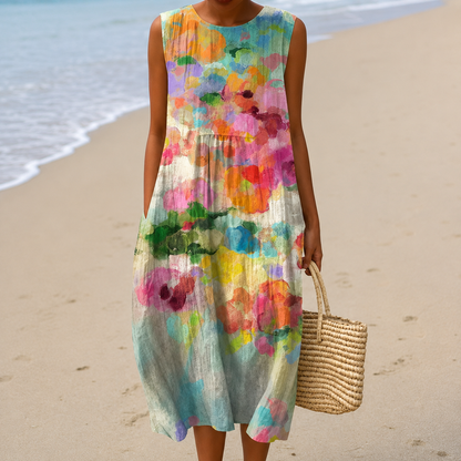 Women's sleeveless floral midi dress with round neck and gathered waist