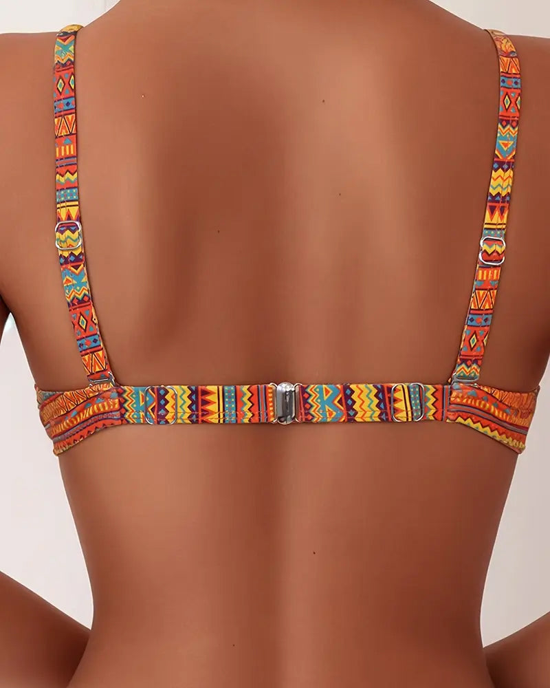 Women's multicoloured striped two-piece swimsuit with sweetheart neckline and tied briefs