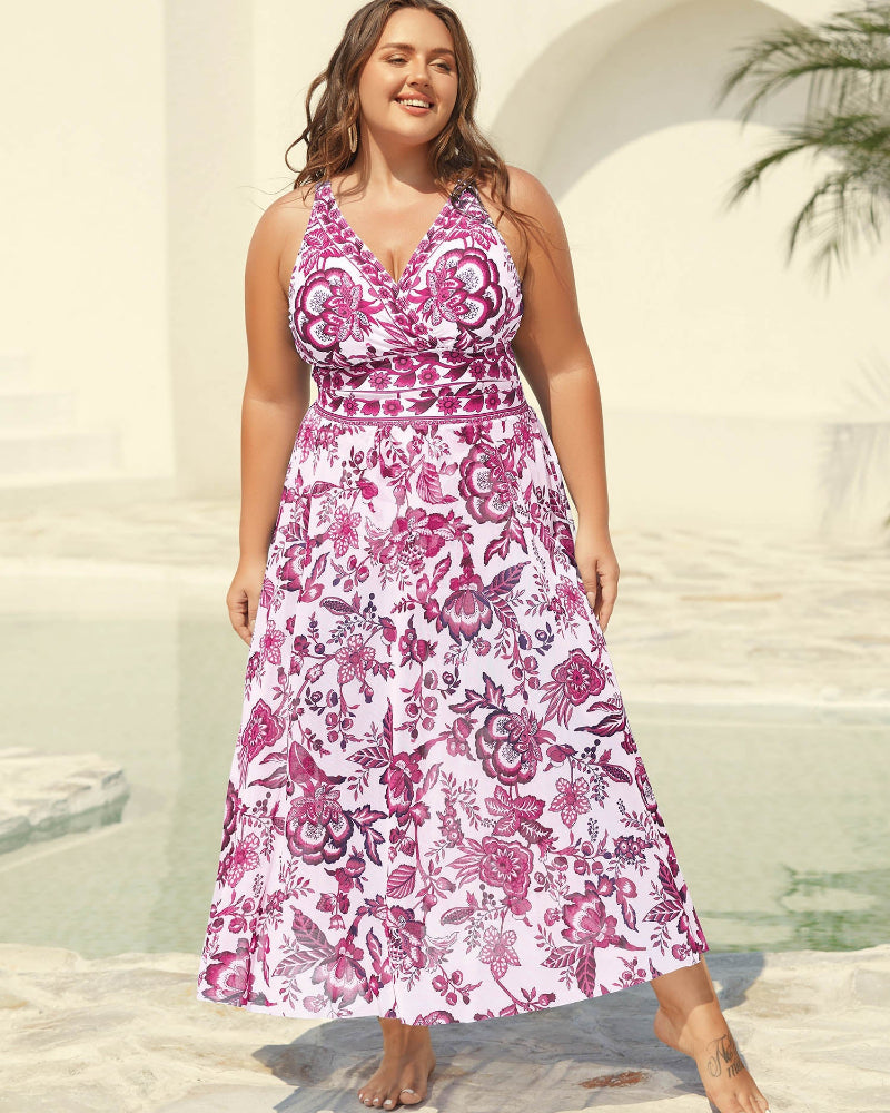 Women's floral V-neck swimsuit with flowing full-length mesh sarong