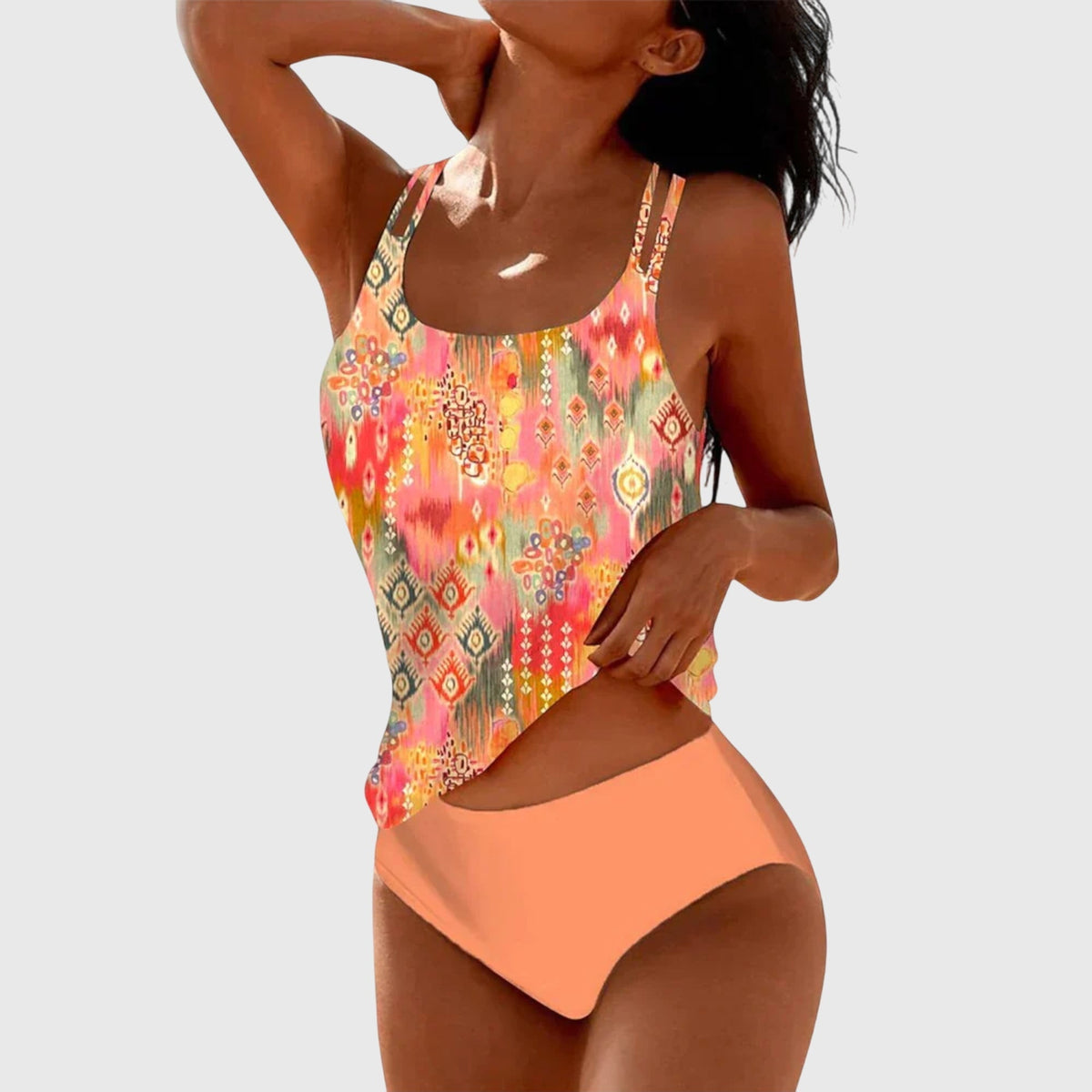 Women's patterned tankini swimsuit set with double straps and high-waisted briefs