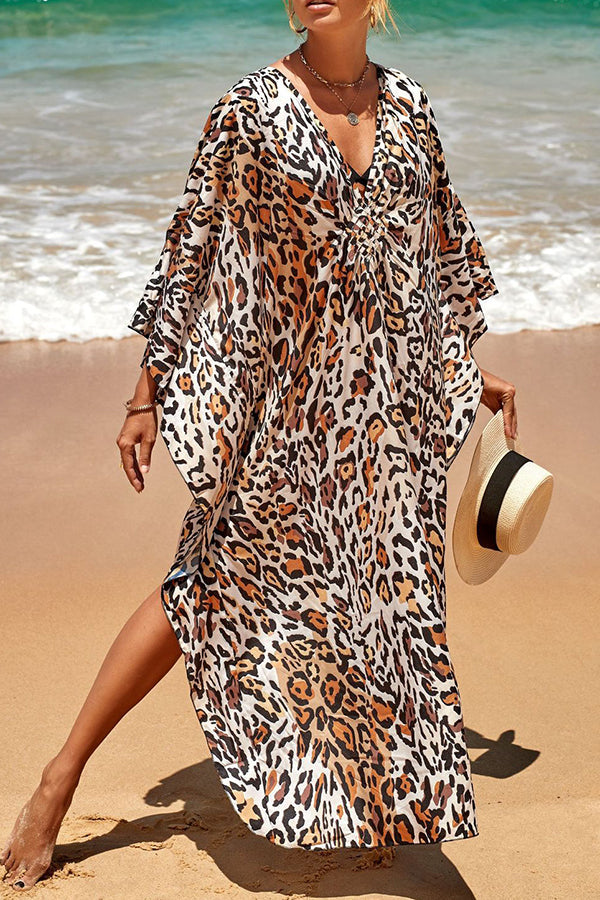 Women's printed pleated swimwear cover up with V-neck and side slits
