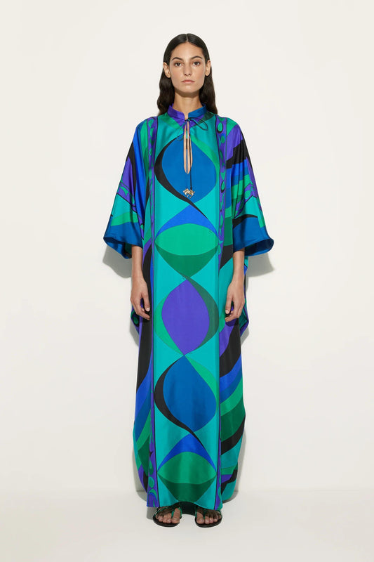 Women's multicolour geometric kaftan maxi dress with mandarin collar and wide sleeves