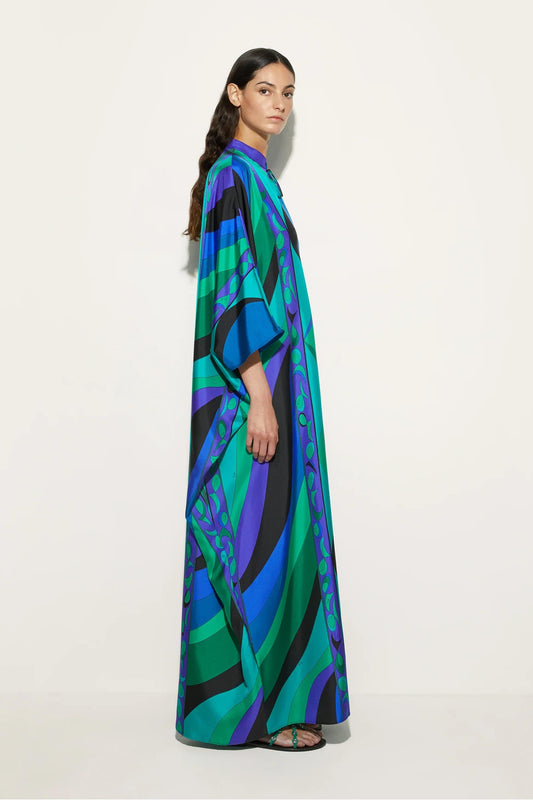 Women's multicolour geometric kaftan maxi dress with mandarin collar and wide sleeves