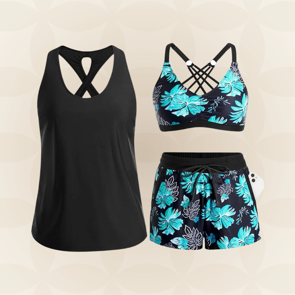 Women's palm print swimwear set with crossed back tops and drawstring shorts
