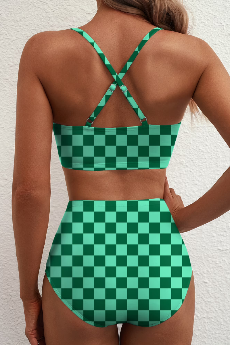 Women's patterned two-piece bikini with V-neck top, metallic centre trim and high-waisted bottoms