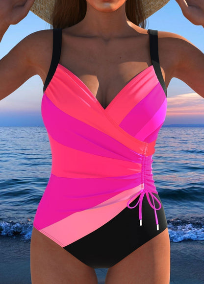 Women's printed surplice swimsuit with V-neck, ruched waist and shorts-style coverage