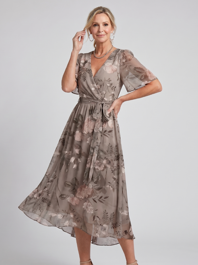 Women's floral wrap midi dress with flutter sleeves and tie waist