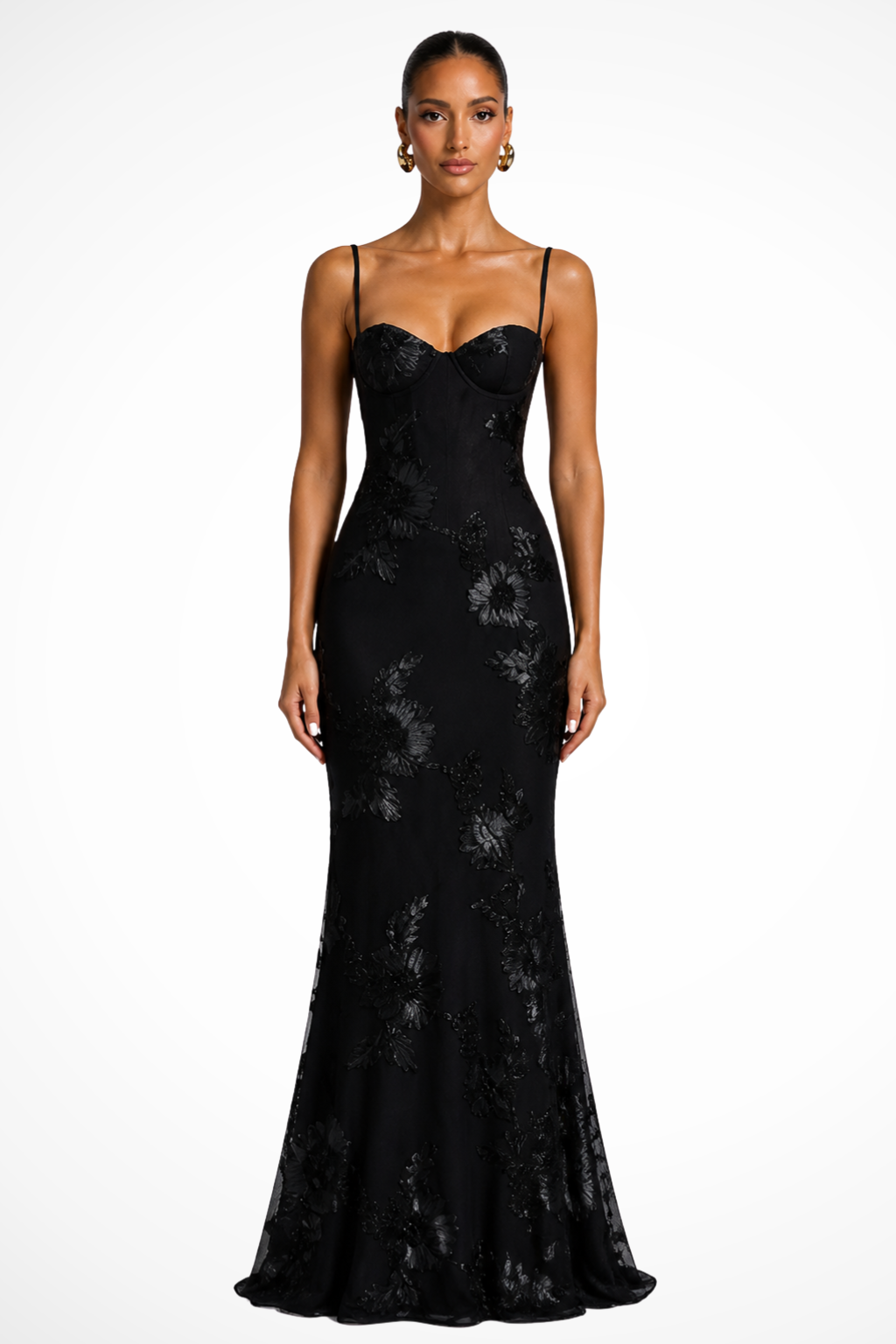 Vestido largo con corsé y bordado de flores de mujer con tirantes finos