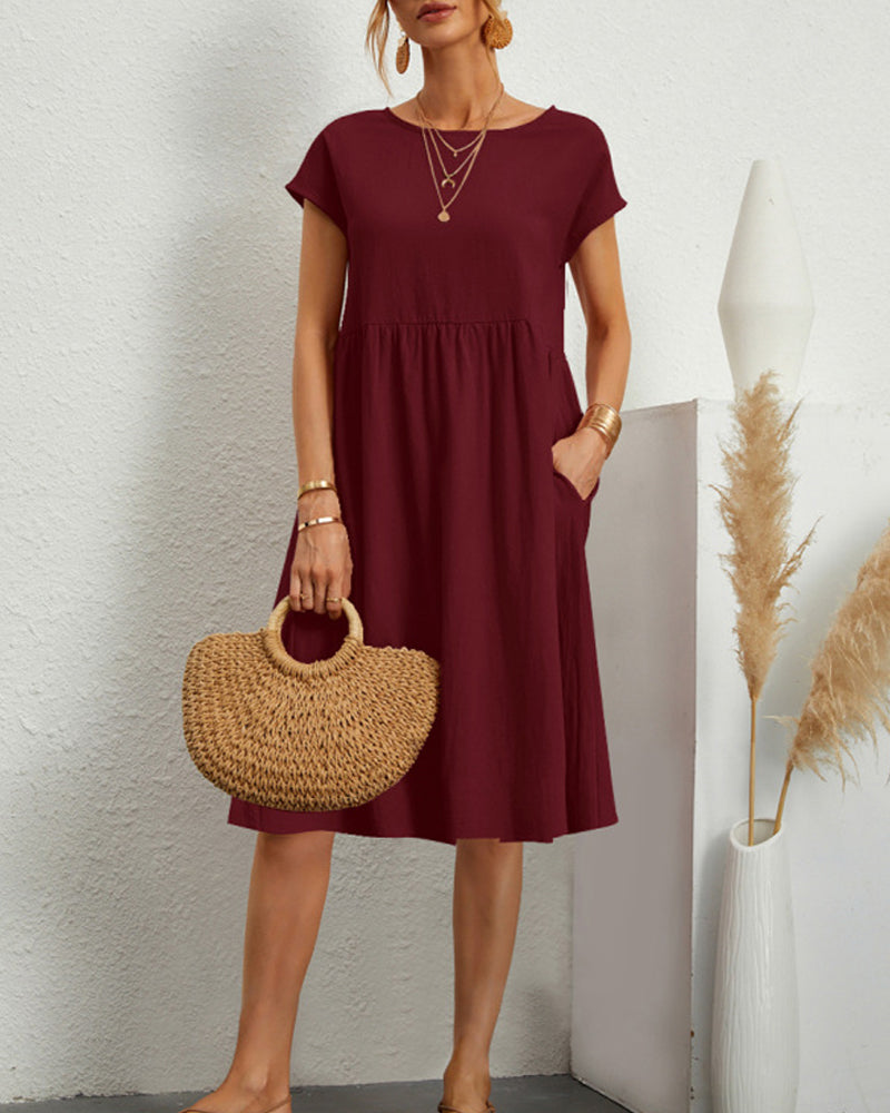 Women's round neck midi dress with short sleeves and gathered skirt