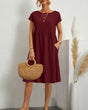 Vestido midi fruncido de mujer con cuello redondo y mangas cortas