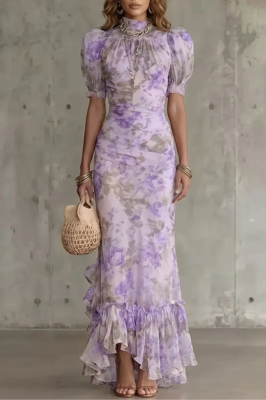Women's floral maxi dress with short puff sleeves and layered ruffled hem