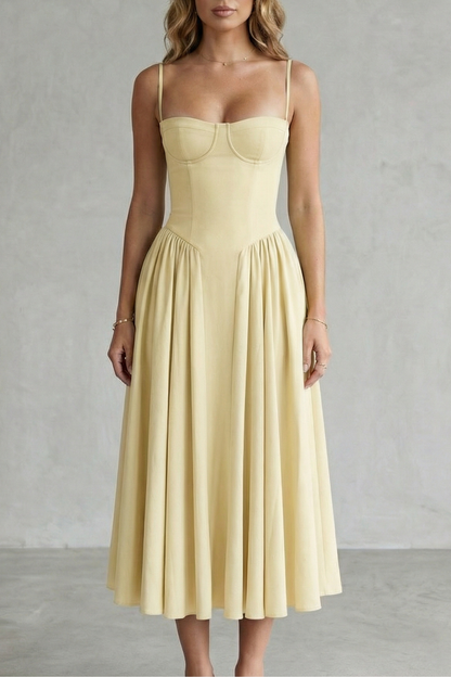 Women's structured midi dress with corset bodice, spaghetti straps and full gathered skirt