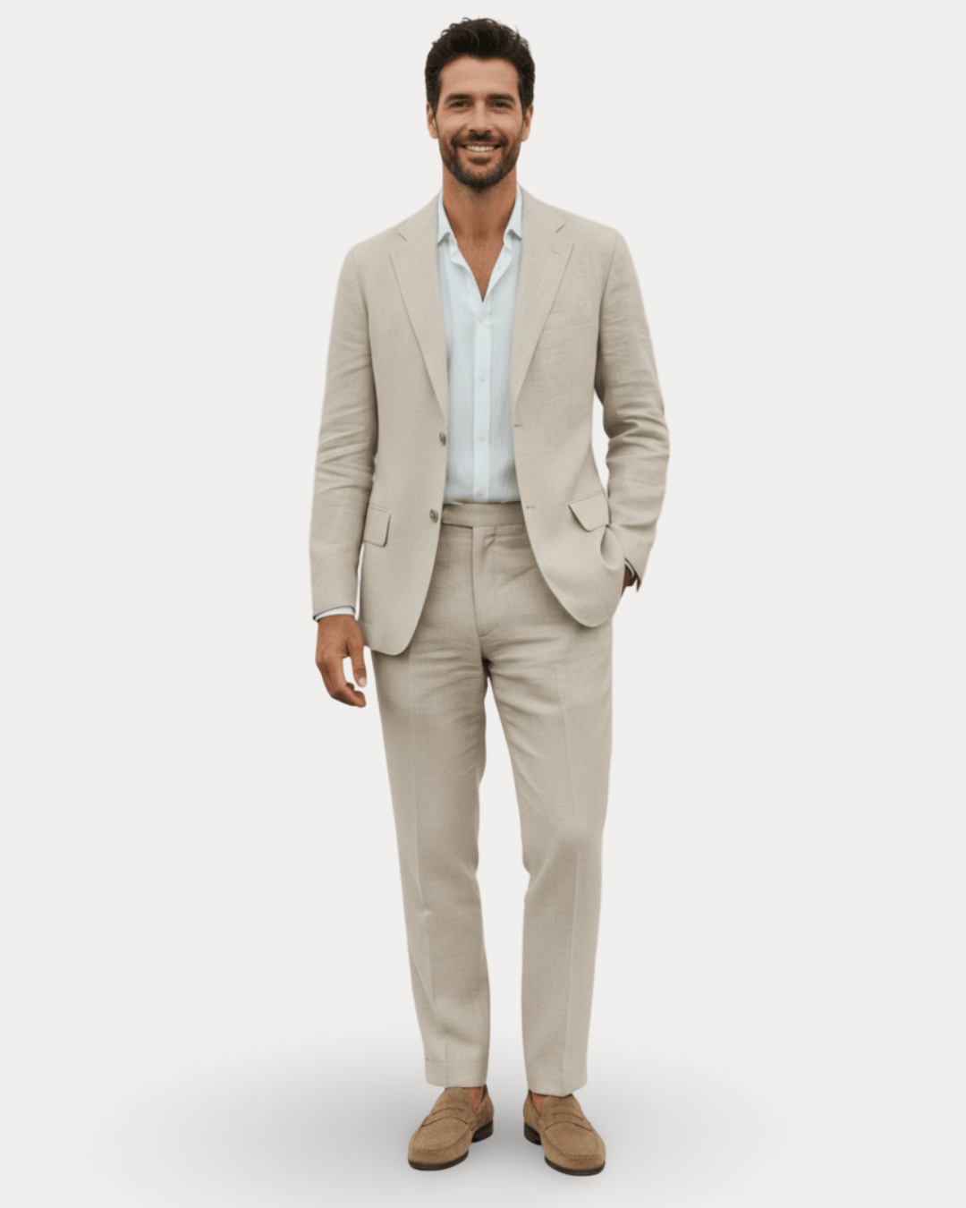 Men's tailored two-piece suit with notch lapel, long sleeves and matching trousers