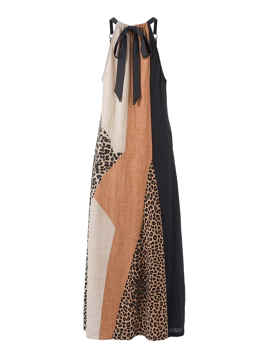 Vestido largo con cuello halter y paneles de leopardo de mujer, sin mangas y asimétrico