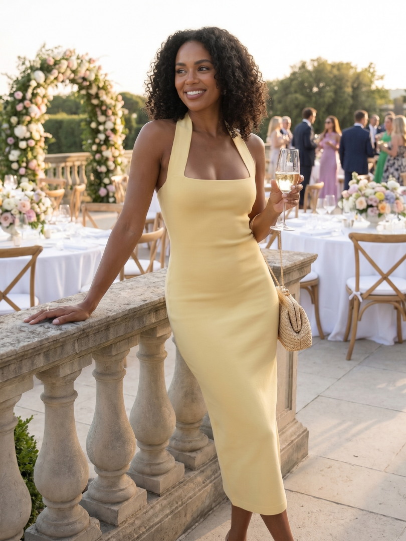 Women's fitted halter midi dress with square neckline and sleeveless cut