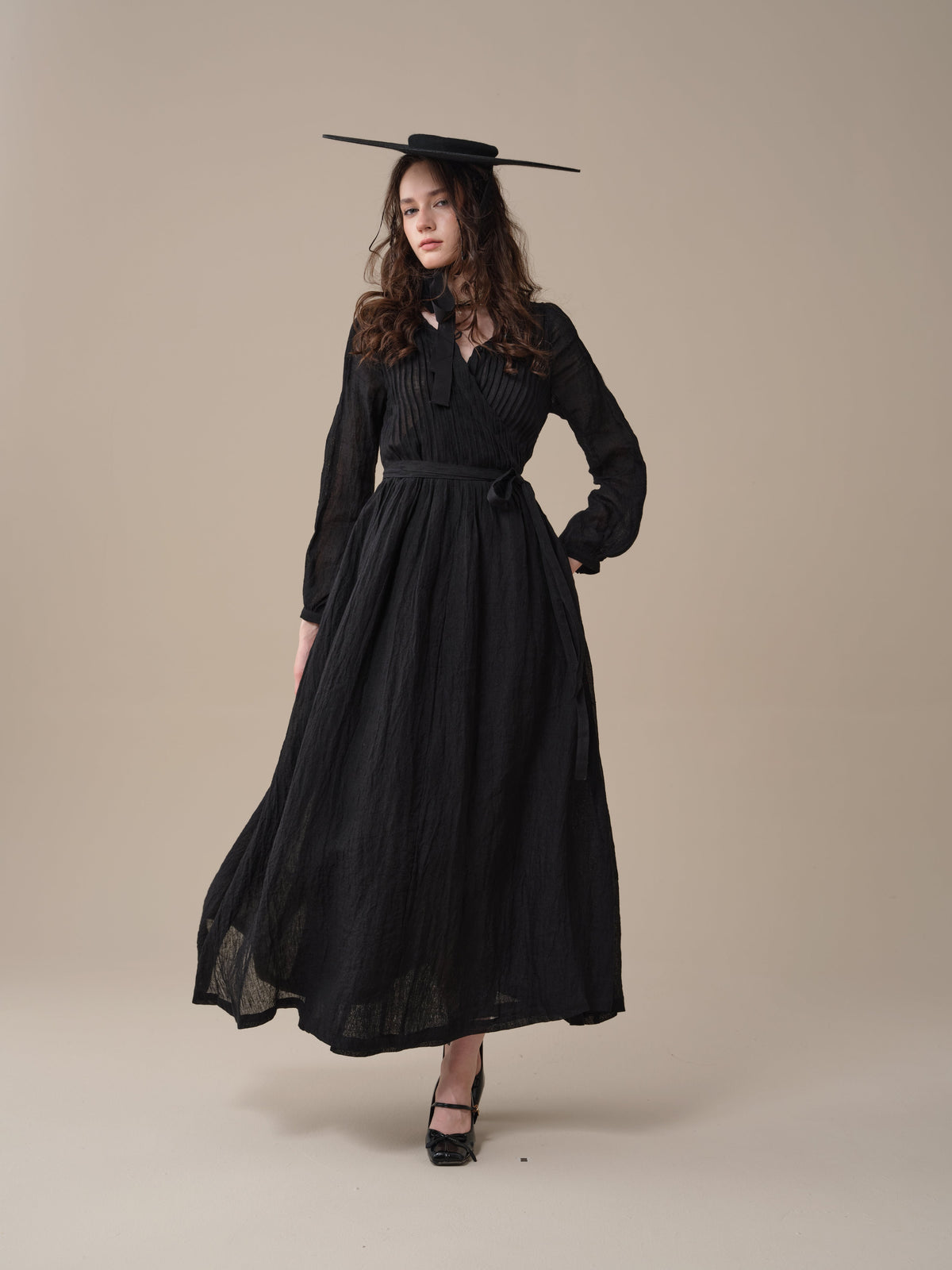 Women's pintuck wrap midi dress with long sleeves and tie waist