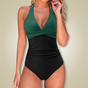 Women's floral V-neck one-piece swimsuit with halter straps and ruched waist