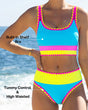 Women's contrast patchwork bikini set with sleeveless crop top and high-waisted bottoms