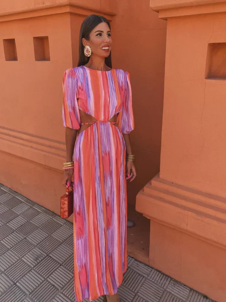 Women's red, pink and purple striped maxi dress with side waist cut-outs and short sleeves