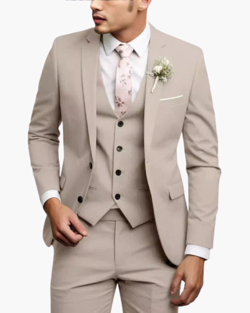 Men's slim fit three-piece suit with notched lapel jacket, button waistcoat and matching trousers