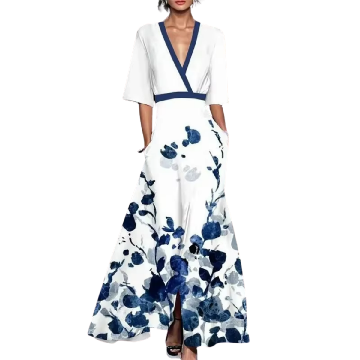 Women's floral wrap jumpsuit with V-neckline, 3/4 sleeves and wide legs