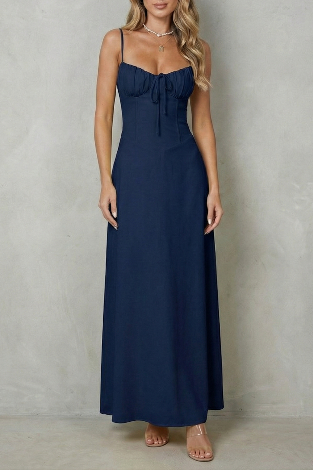 Women's sleeveless corset maxi dress with ruched cups and tie front